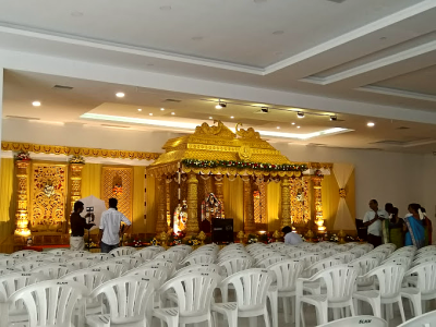 Traditional wedding stage setup at Sri Lakshmi Convention