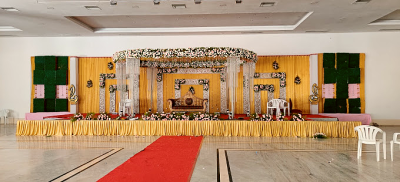 Beautiful floral decoration on stage at Sri Lakshmi Convention